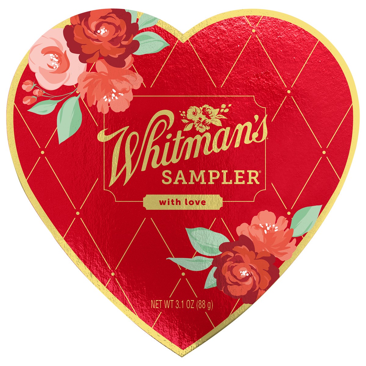 slide 1 of 8, WHITMAN'S SAMPLER Valentine's Day Red Floral Heart Assorted Milk & Dark Chocolate Gift Box, 3.1 oz. (5 pieces), 5 ct