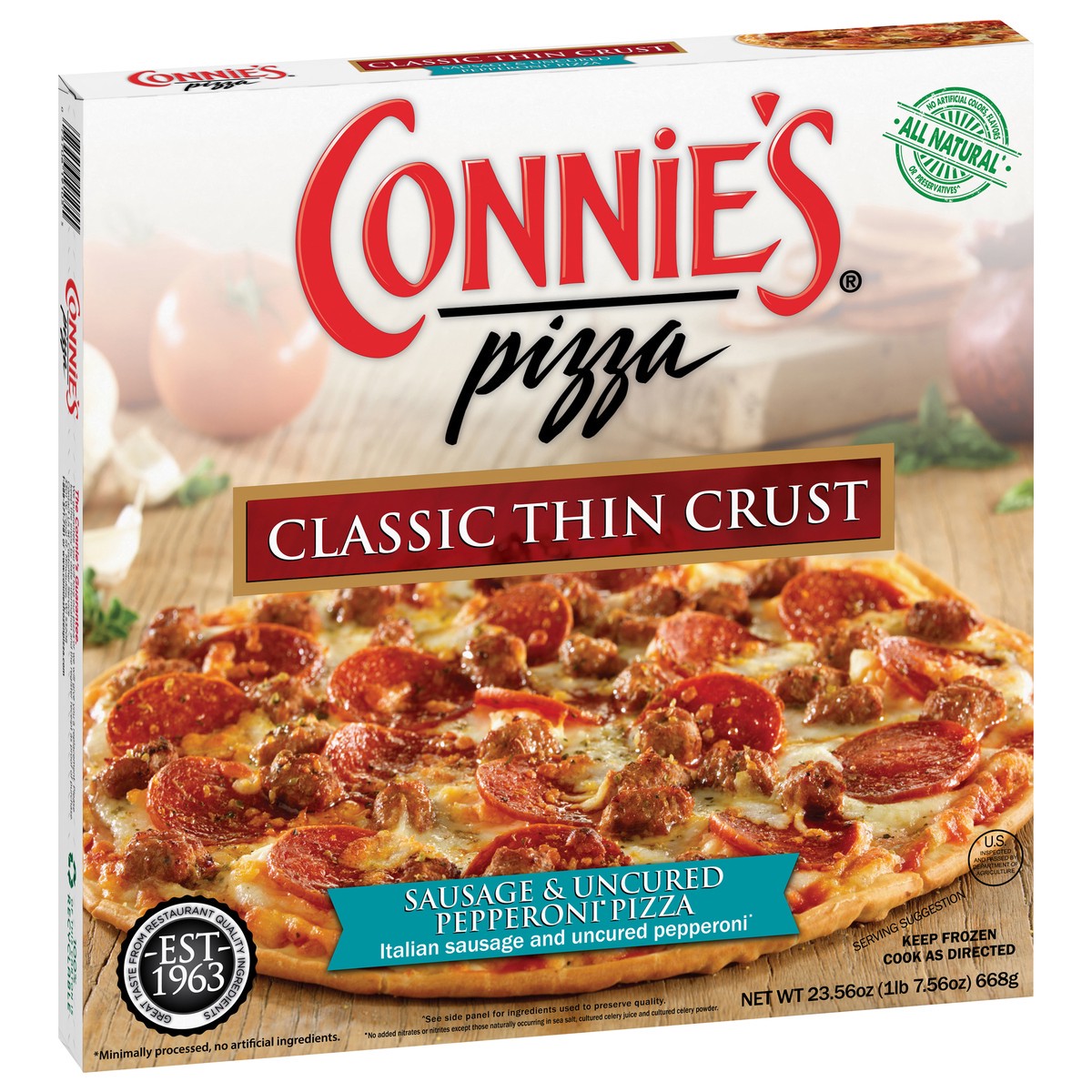 slide 2 of 9, Connie's Classic Thin Crust Sausage & Uncured Pepperoni Pizza 23.56 oz, 23.56 oz