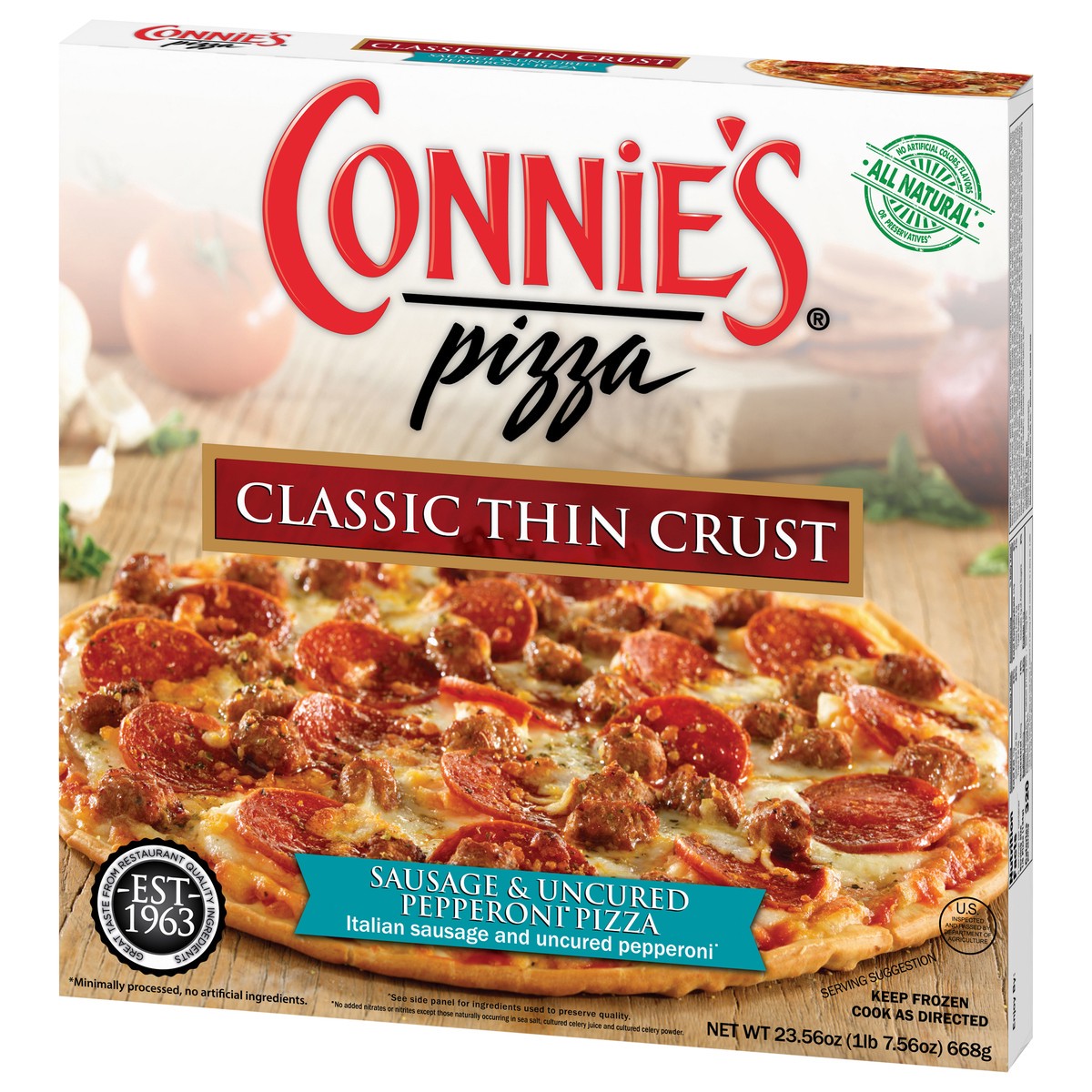 slide 8 of 9, Connie's Classic Thin Crust Sausage & Uncured Pepperoni Pizza 23.56 oz, 23.56 oz