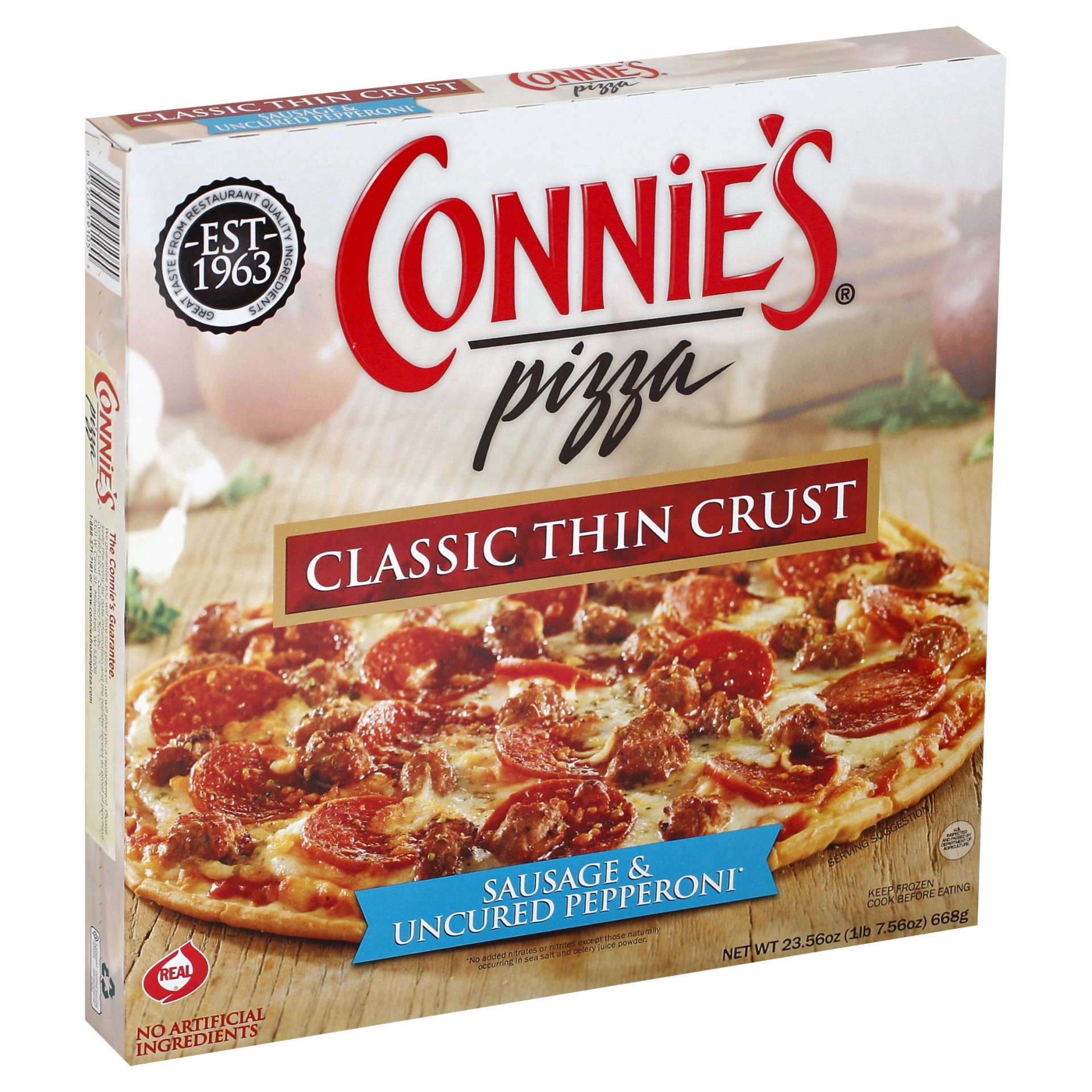 slide 1 of 9, Connie's Classic Thin Crust Sausage & Uncured Pepperoni Pizza 23.56 oz, 23.56 oz