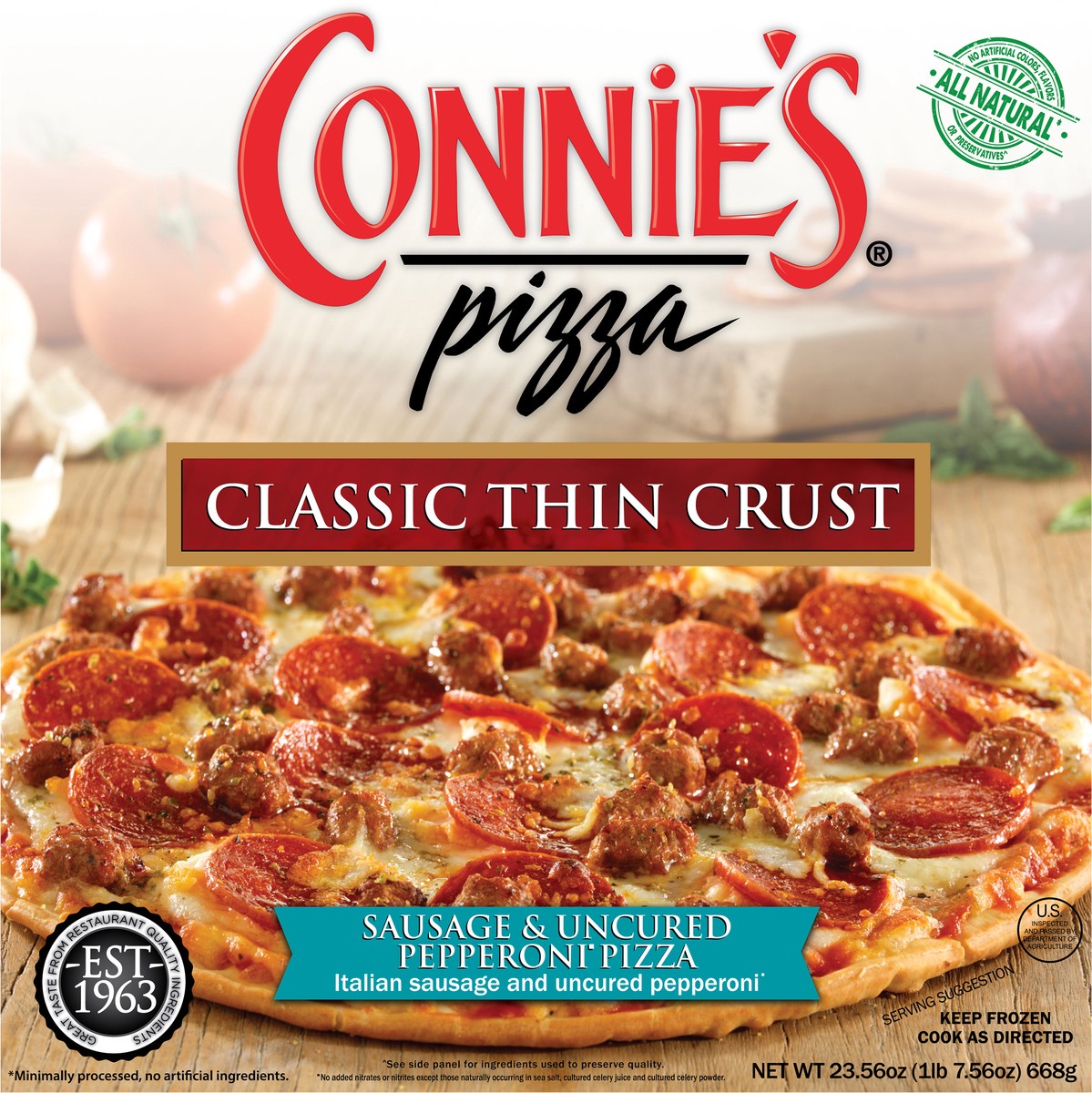 slide 4 of 9, Connie's Classic Thin Crust Sausage & Uncured Pepperoni Pizza 23.56 oz, 23.56 oz