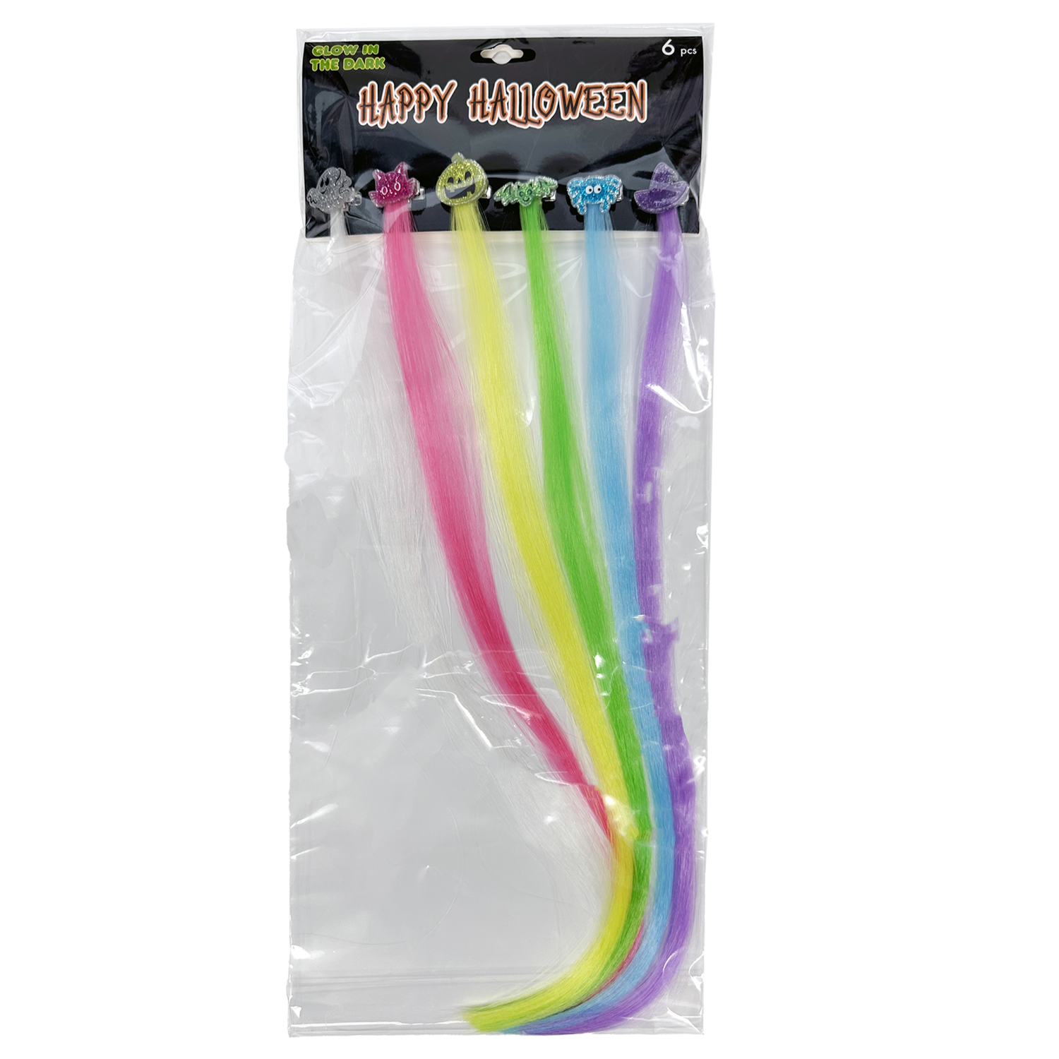 slide 1 of 5, Halloween Glow in the Dark Faux Hair Clip, Neons, Assorted Colors, 6 Count, 6 ct