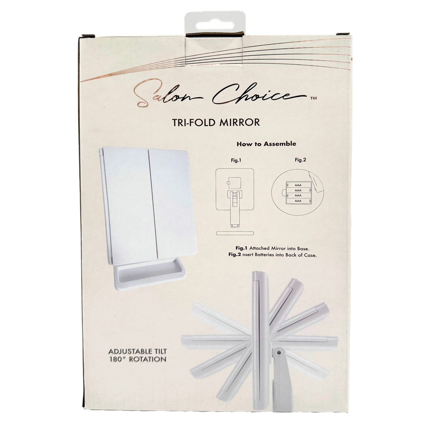 slide 2 of 3, Salon Choice Trifold Cosmetic Mirror with LED Lights, with base stand and tray, 1x, 5x, and 10x magnification, 1 Count, 1 ct