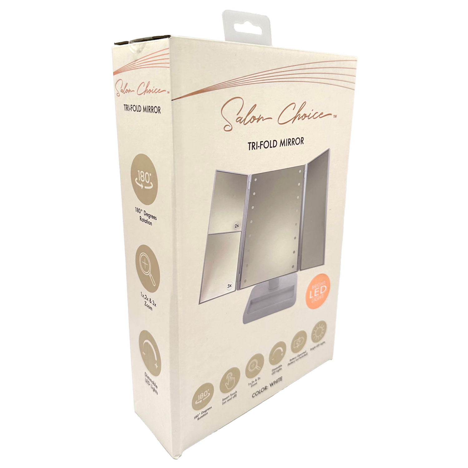 slide 3 of 3, Salon Choice Trifold Cosmetic Mirror with LED Lights, with base stand and tray, 1x, 5x, and 10x magnification, 1 Count, 1 ct