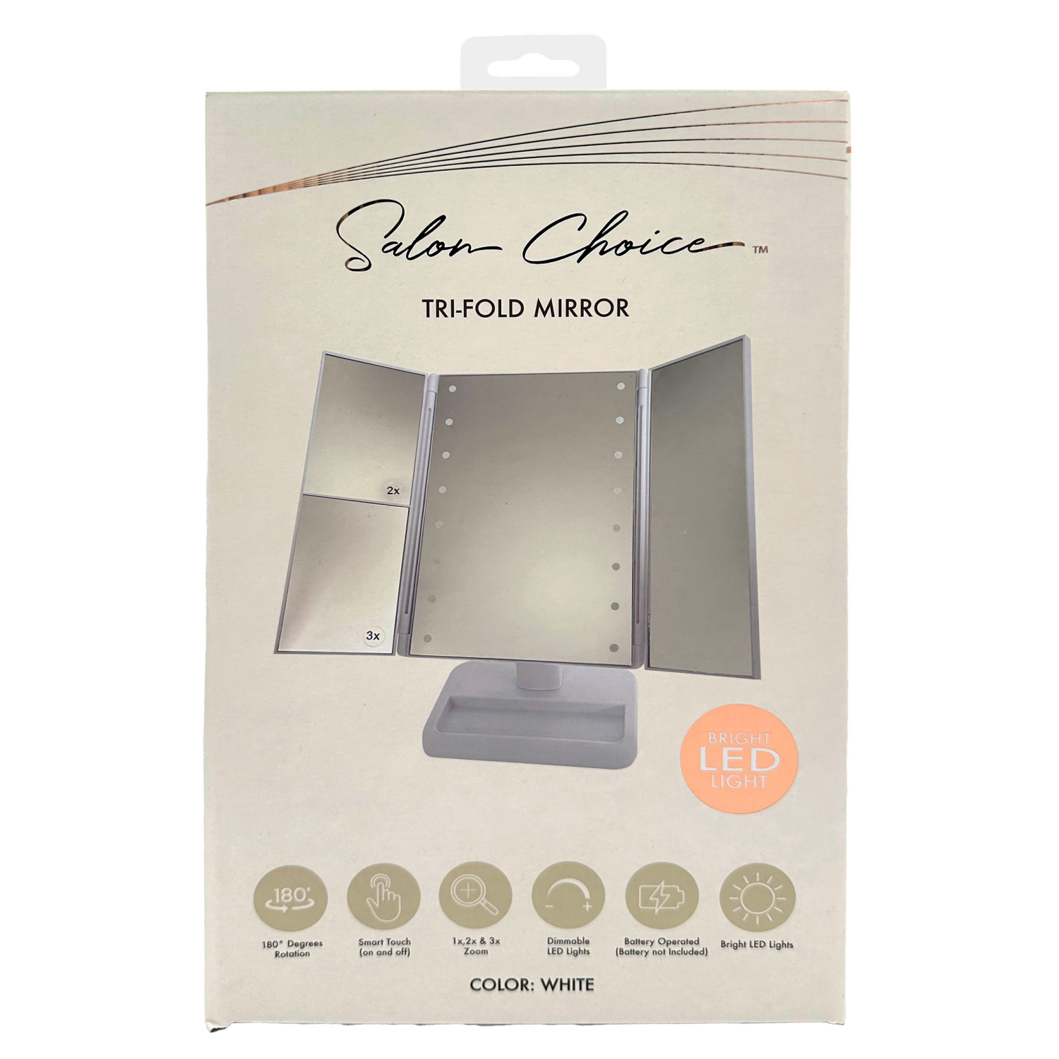 slide 1 of 3, Salon Choice Trifold Cosmetic Mirror with LED Lights, with base stand and tray, 1x, 5x, and 10x magnification, 1 Count, 1 ct