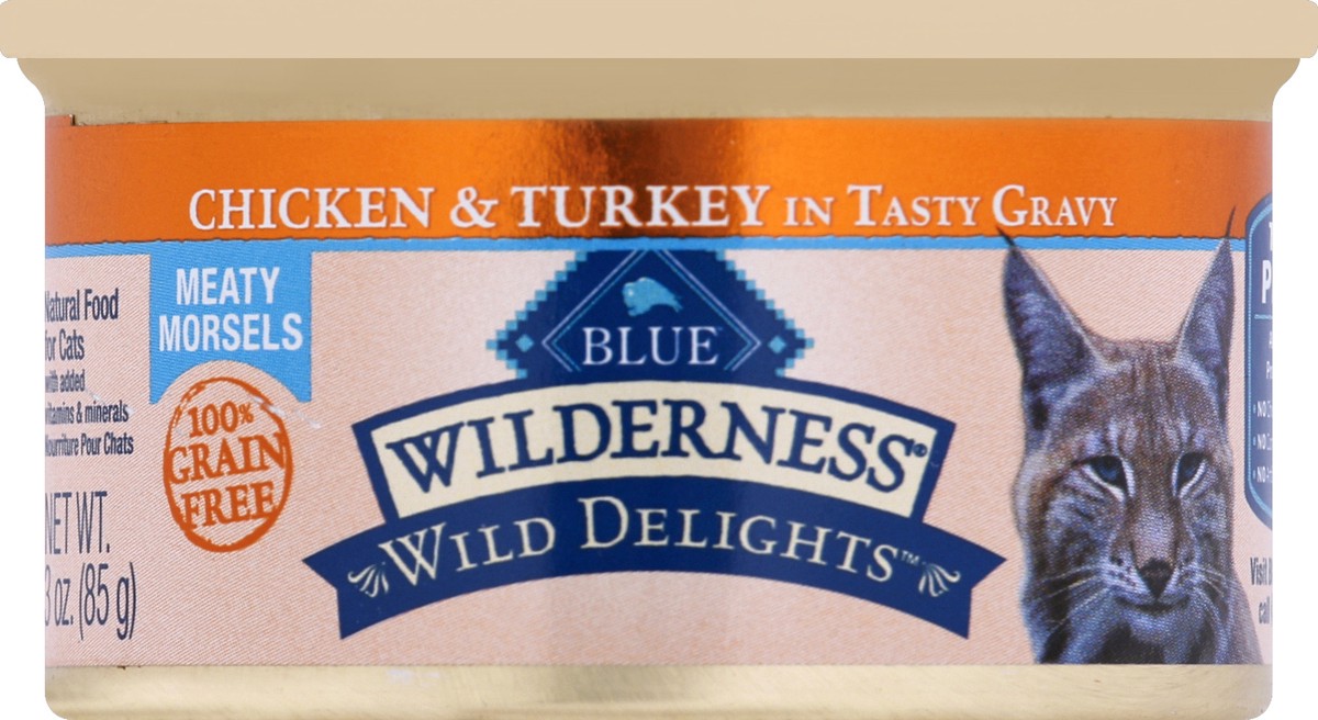 slide 1 of 13, Blue Buffalo Wilderness Wild Delights Grain Free, Natural Adult Meaty Morsels Wet Cat Food, Chicken & Turkey 3-oz can, 3 oz