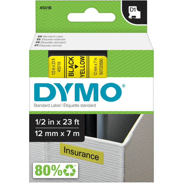 slide 3 of 10, DYMO D1 Standard Tape Cartridge for Dymo Label Makers, 1/2in x, Black on Yellow, 23 ft
