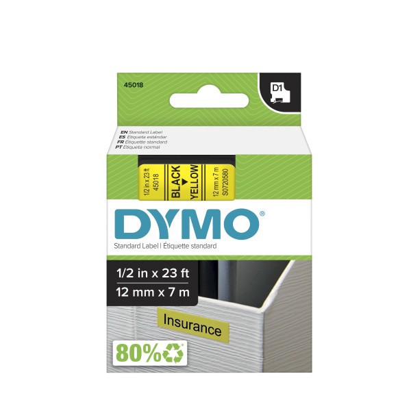 slide 1 of 10, DYMO D1 Standard Tape Cartridge for Dymo Label Makers, 1/2in x, Black on Yellow, 23 ft