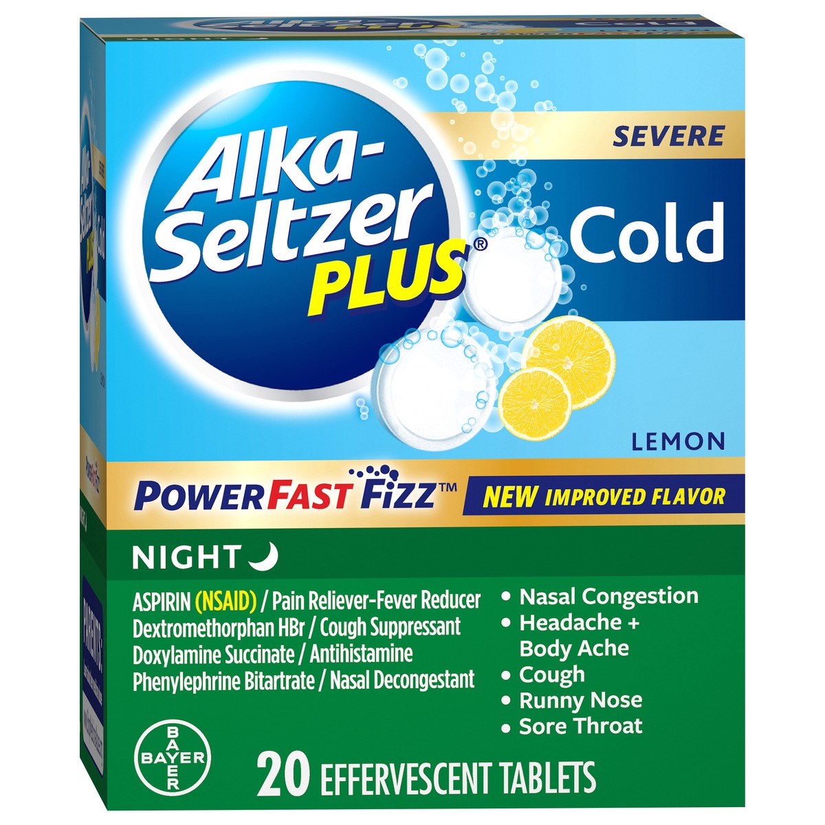 slide 2 of 7, Alka-Seltzer Plus Severe Cold Effervescent Tablets Night Lemon 20 ea, 20 ct