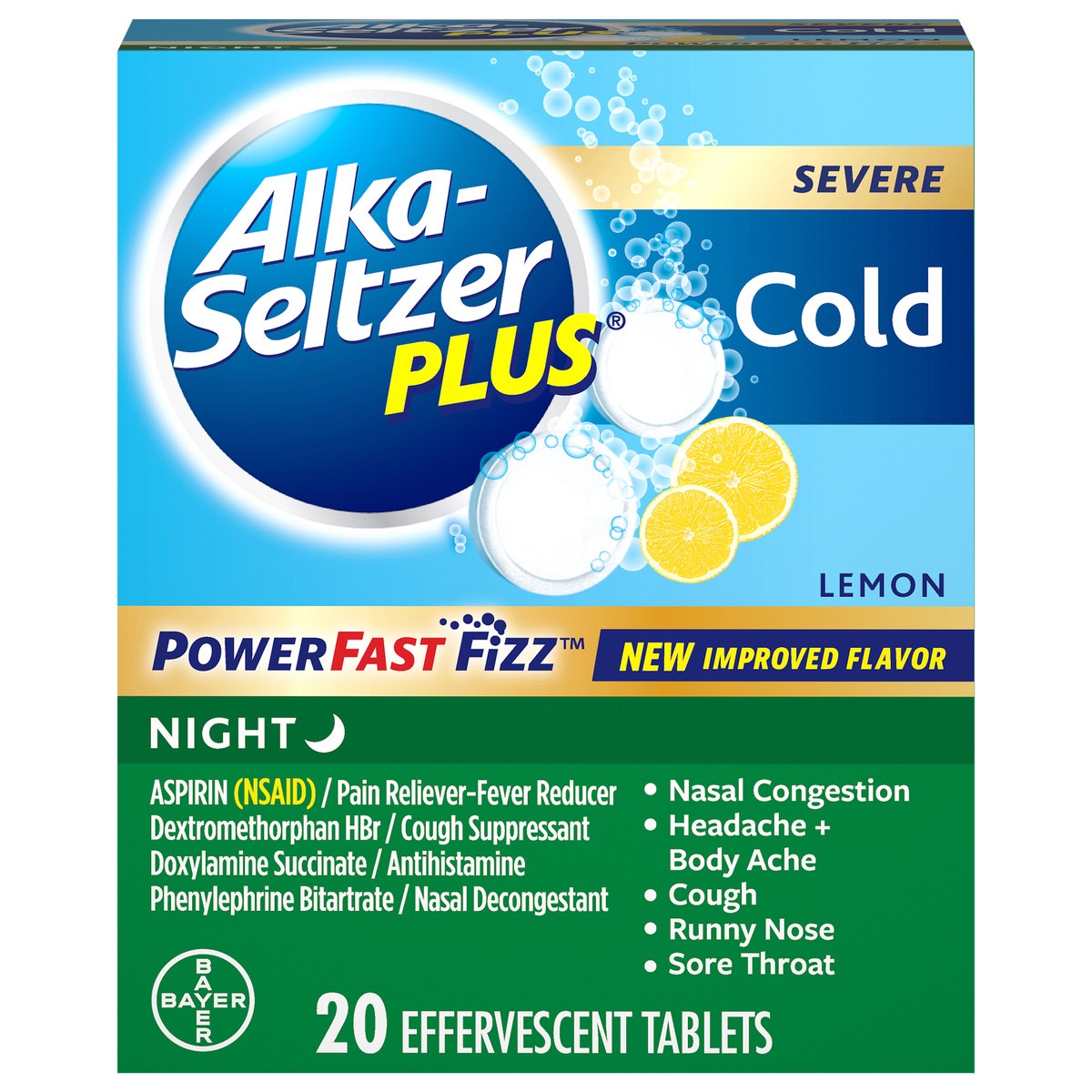 slide 1 of 7, Alka-Seltzer Plus Severe Cold Effervescent Tablets Night Lemon 20 ea, 20 ct