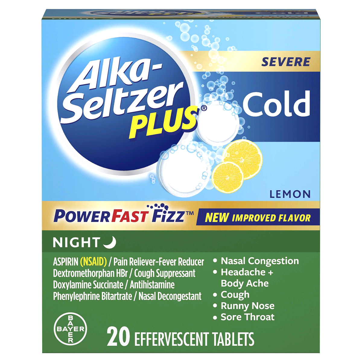 slide 1 of 1, Alka-Seltzer Plus Lemon Severe Cold Night Relief Tablets, 20 ct