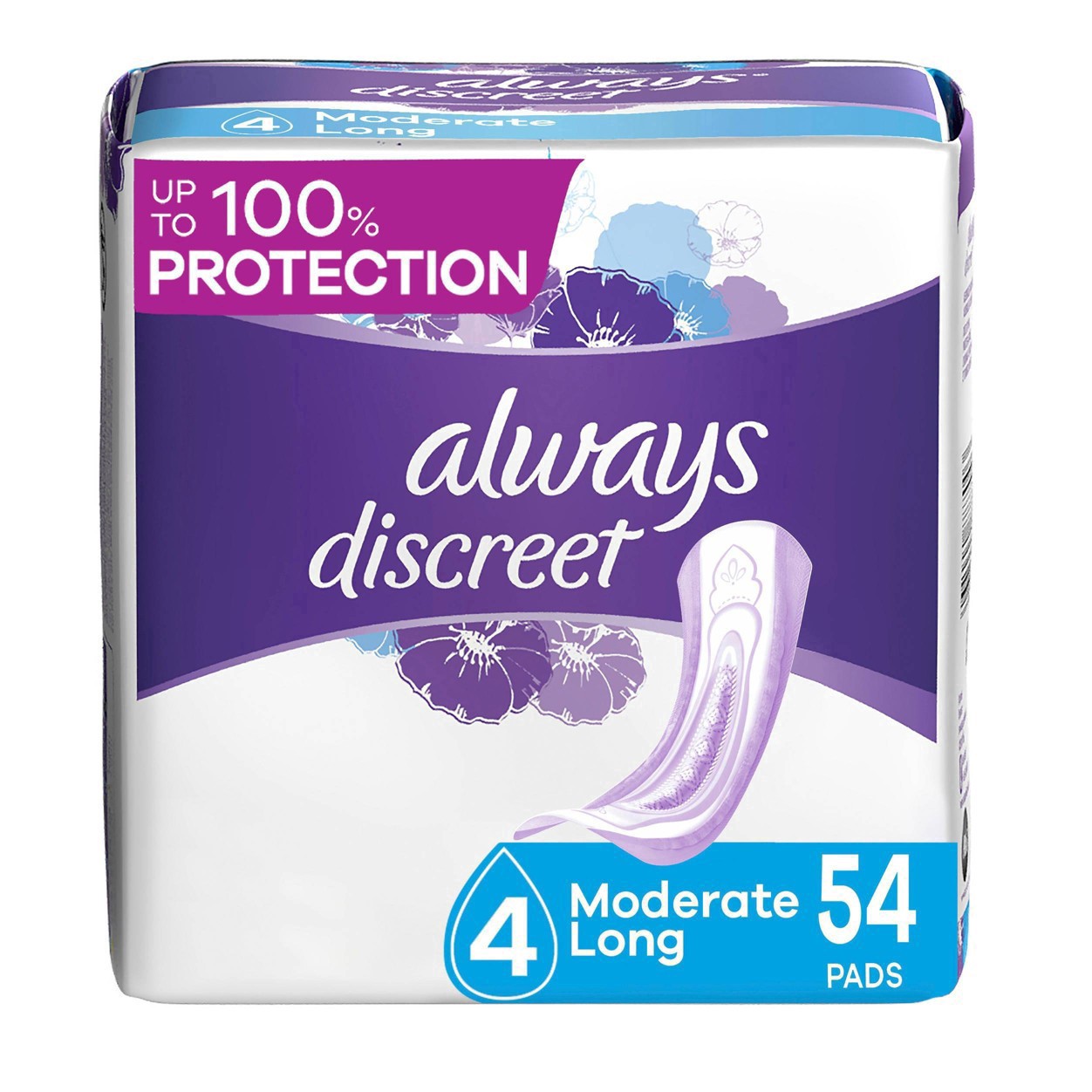 slide 88 of 100, Always Discreet Moderate Absorbency Long Length Incontinence Pads, 54 ct