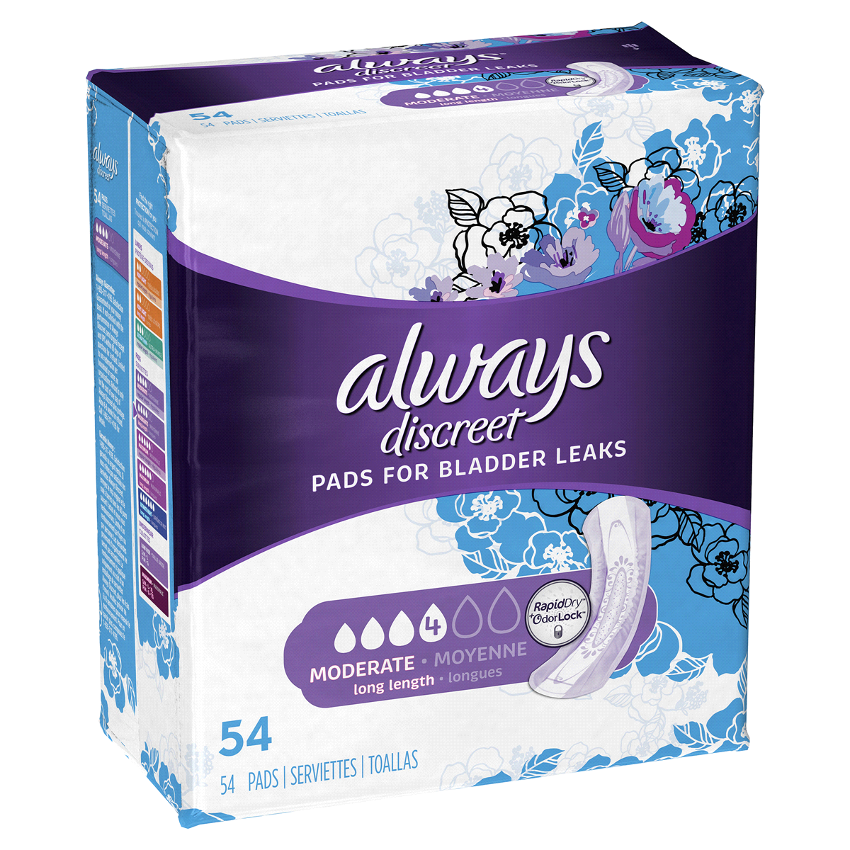 slide 25 of 100, Always Discreet Moderate Absorbency Long Length Incontinence Pads, 54 ct