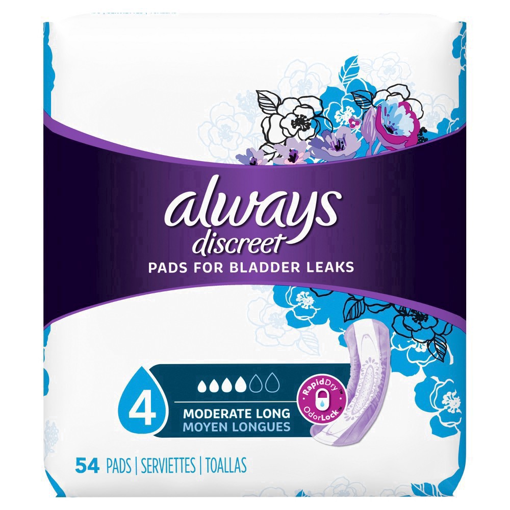 slide 3 of 100, Always Discreet Moderate Absorbency Long Length Incontinence Pads, 54 ct