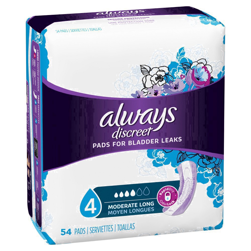 slide 26 of 100, Always Discreet Moderate Absorbency Long Length Incontinence Pads, 54 ct