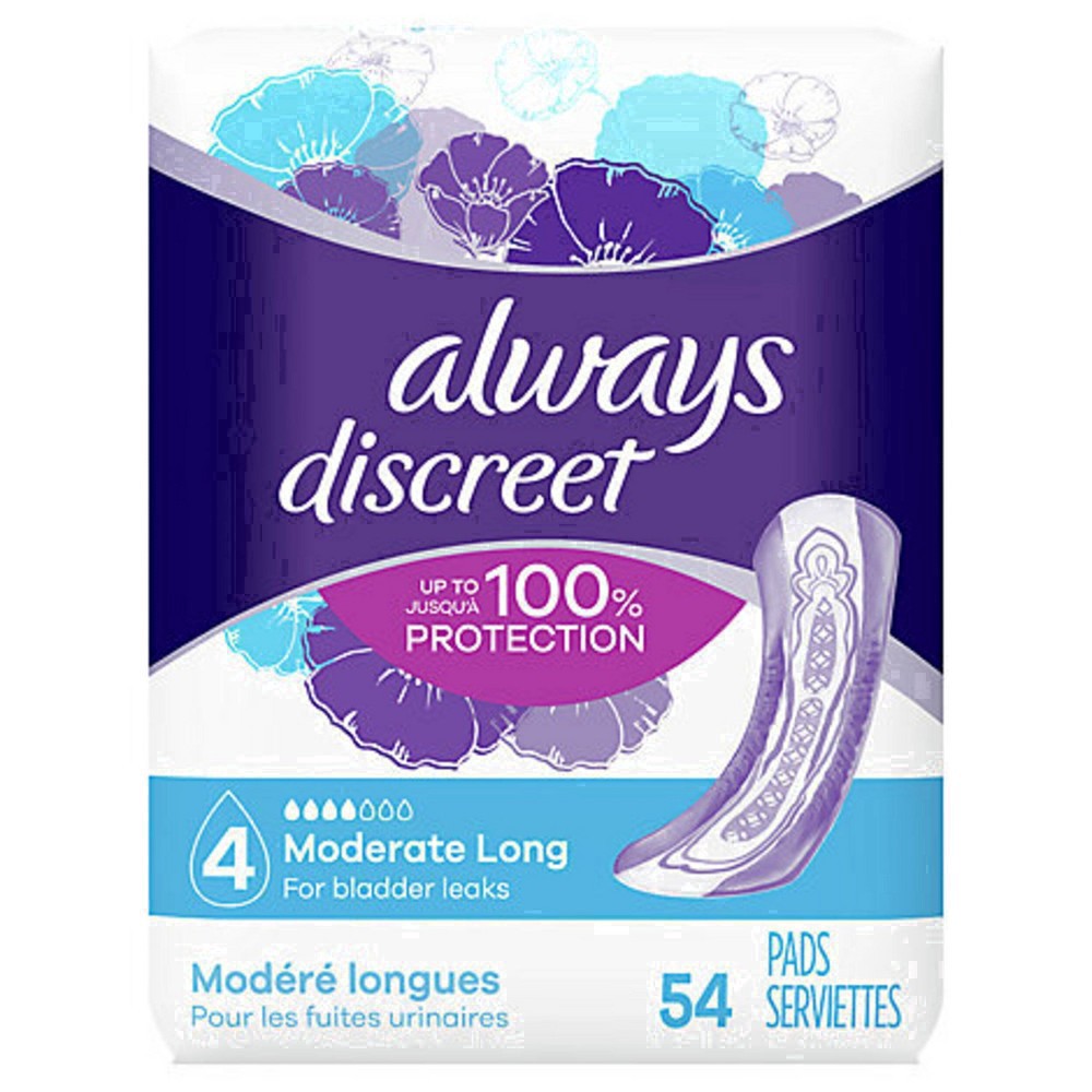 slide 12 of 100, Always Discreet Moderate Absorbency Long Length Incontinence Pads, 54 ct