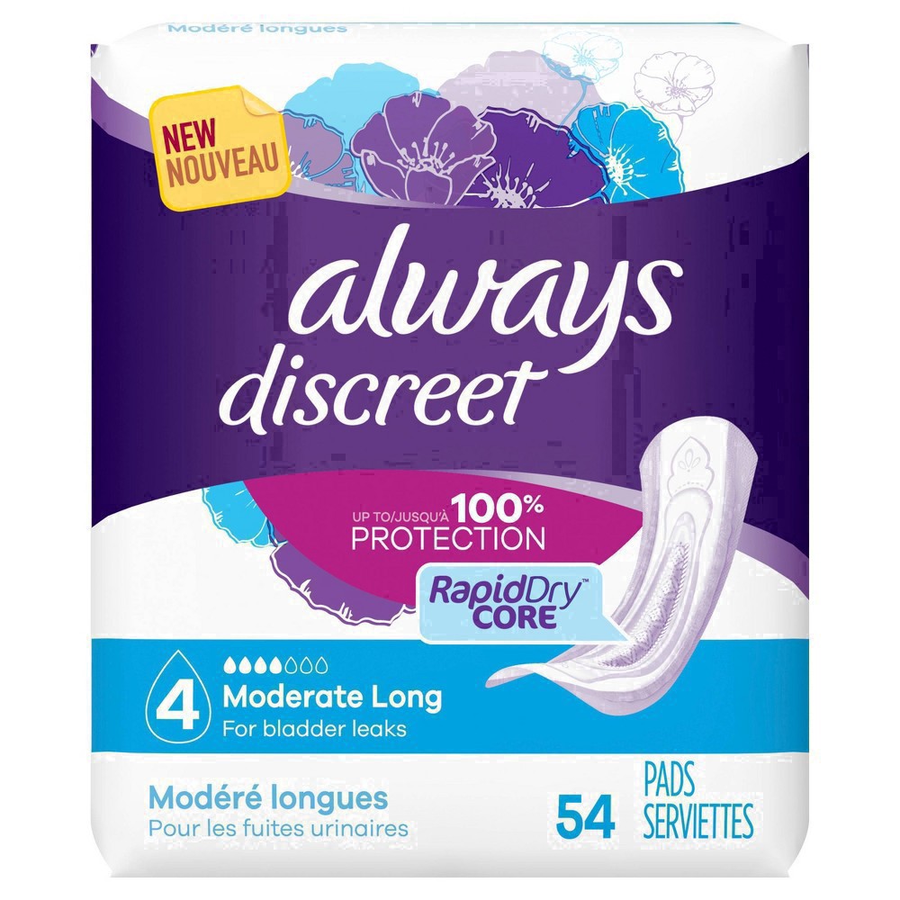 slide 85 of 100, Always Discreet Moderate Absorbency Long Length Incontinence Pads, 54 ct