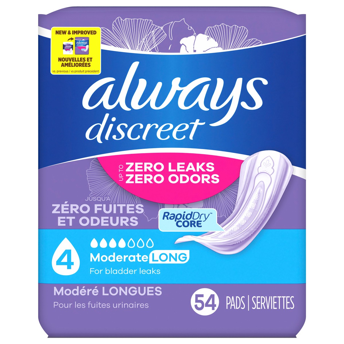 slide 1 of 100, Always Discreet Moderate Absorbency Long Length Incontinence Pads, 54 ct