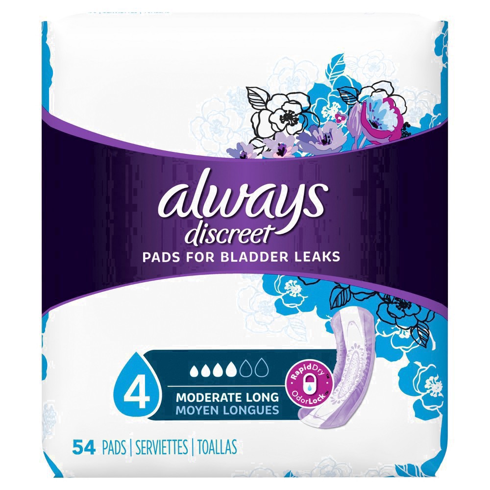 slide 62 of 100, Always Discreet Moderate Absorbency Long Length Incontinence Pads, 54 ct