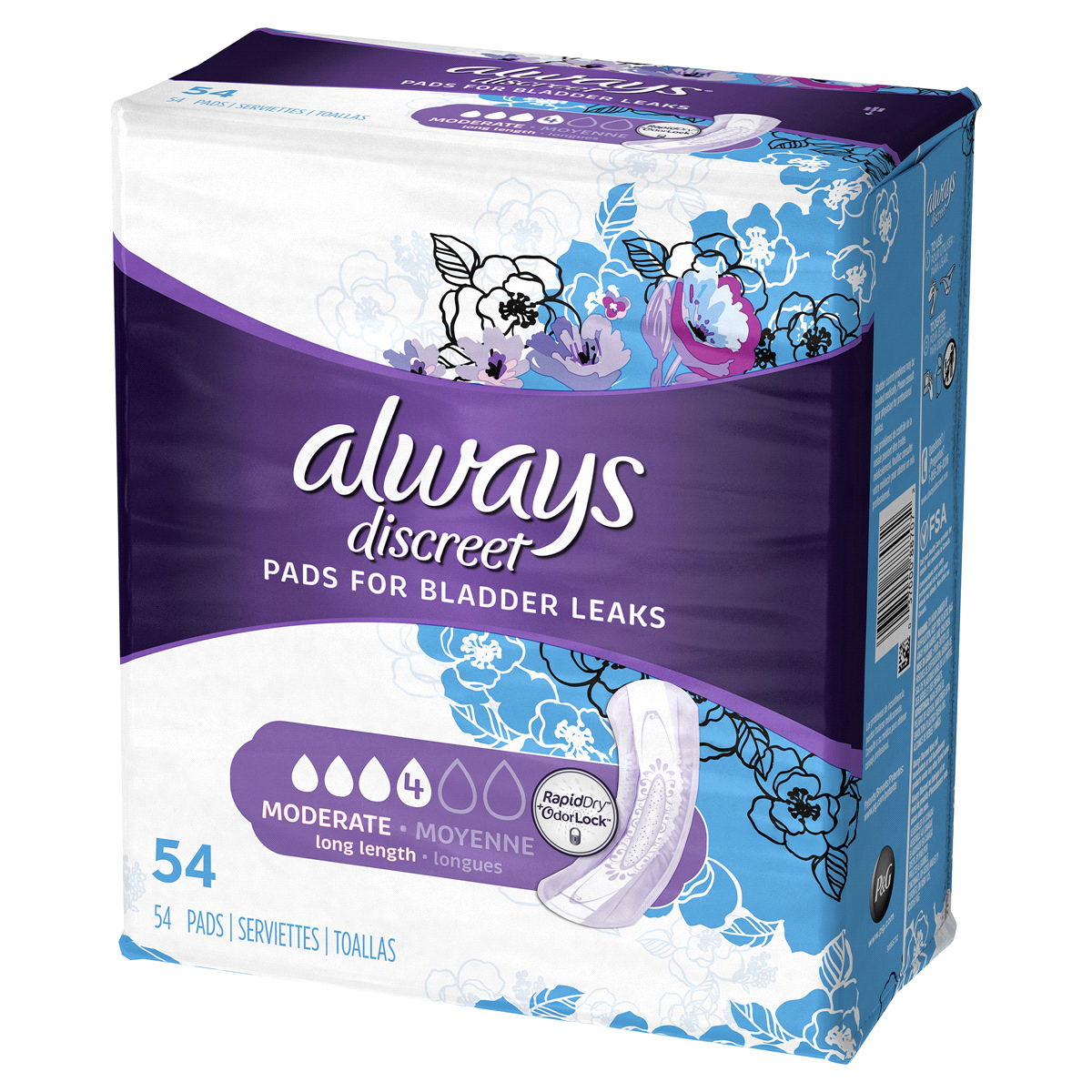 slide 41 of 100, Always Discreet Moderate Absorbency Long Length Incontinence Pads, 54 ct