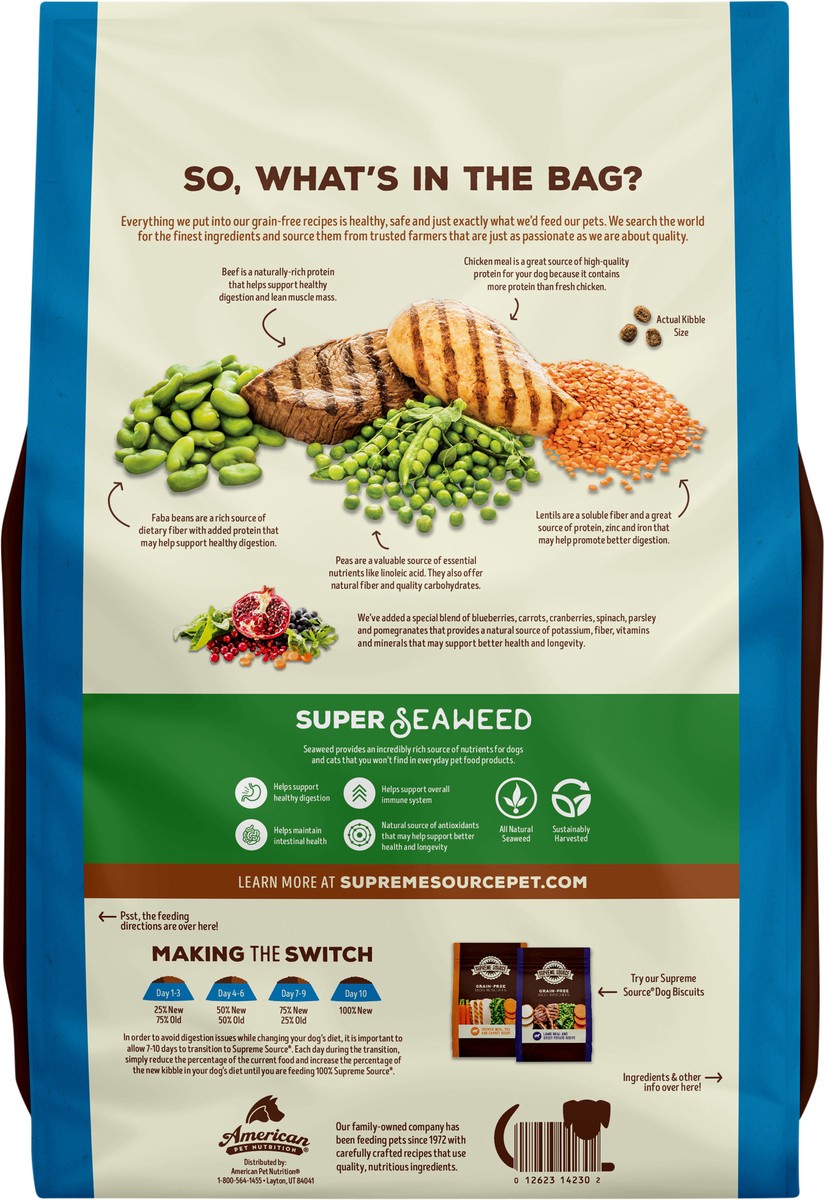 slide 2 of 8, Supreme Source Grain-Free Super-Premium Beef, Chicken Meal and Lentil Recipe Dog Food 11 lb, 11 lb