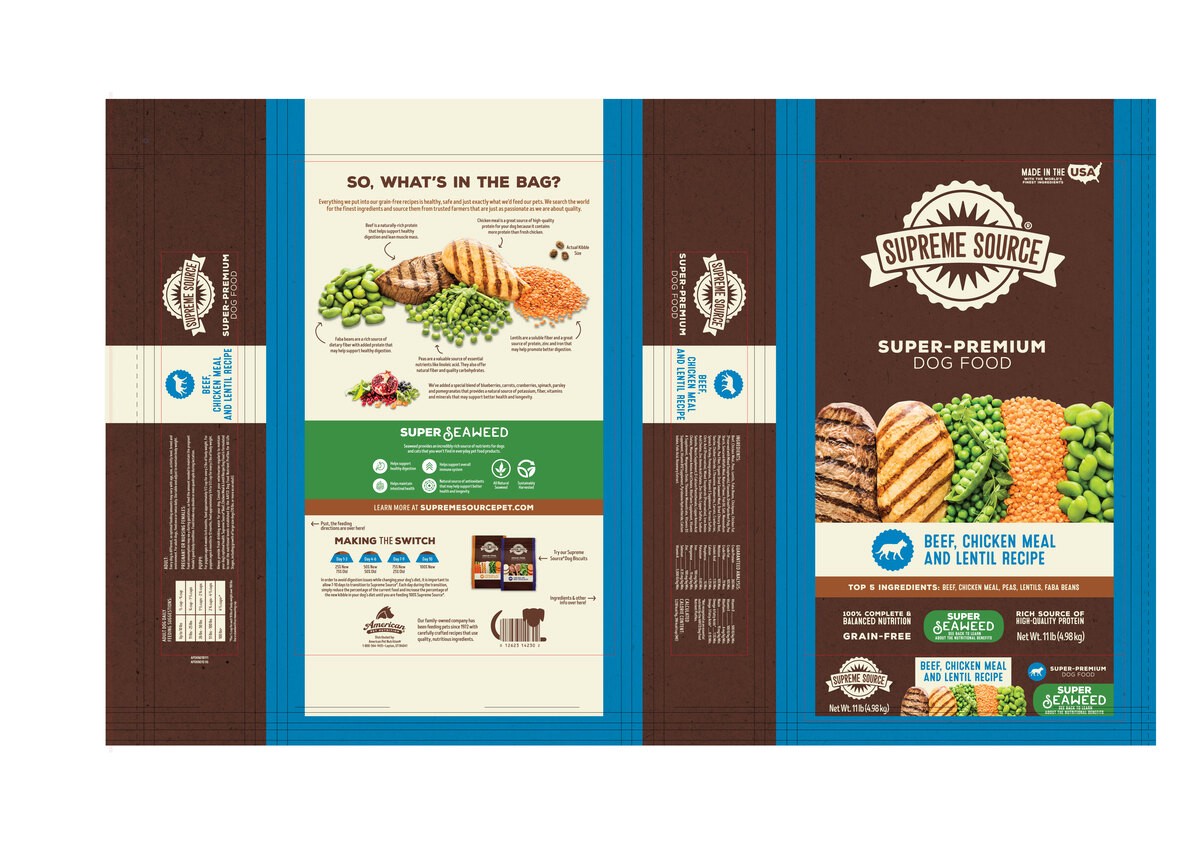 slide 5 of 8, Supreme Source Grain-Free Super-Premium Beef, Chicken Meal and Lentil Recipe Dog Food 11 lb, 11 lb