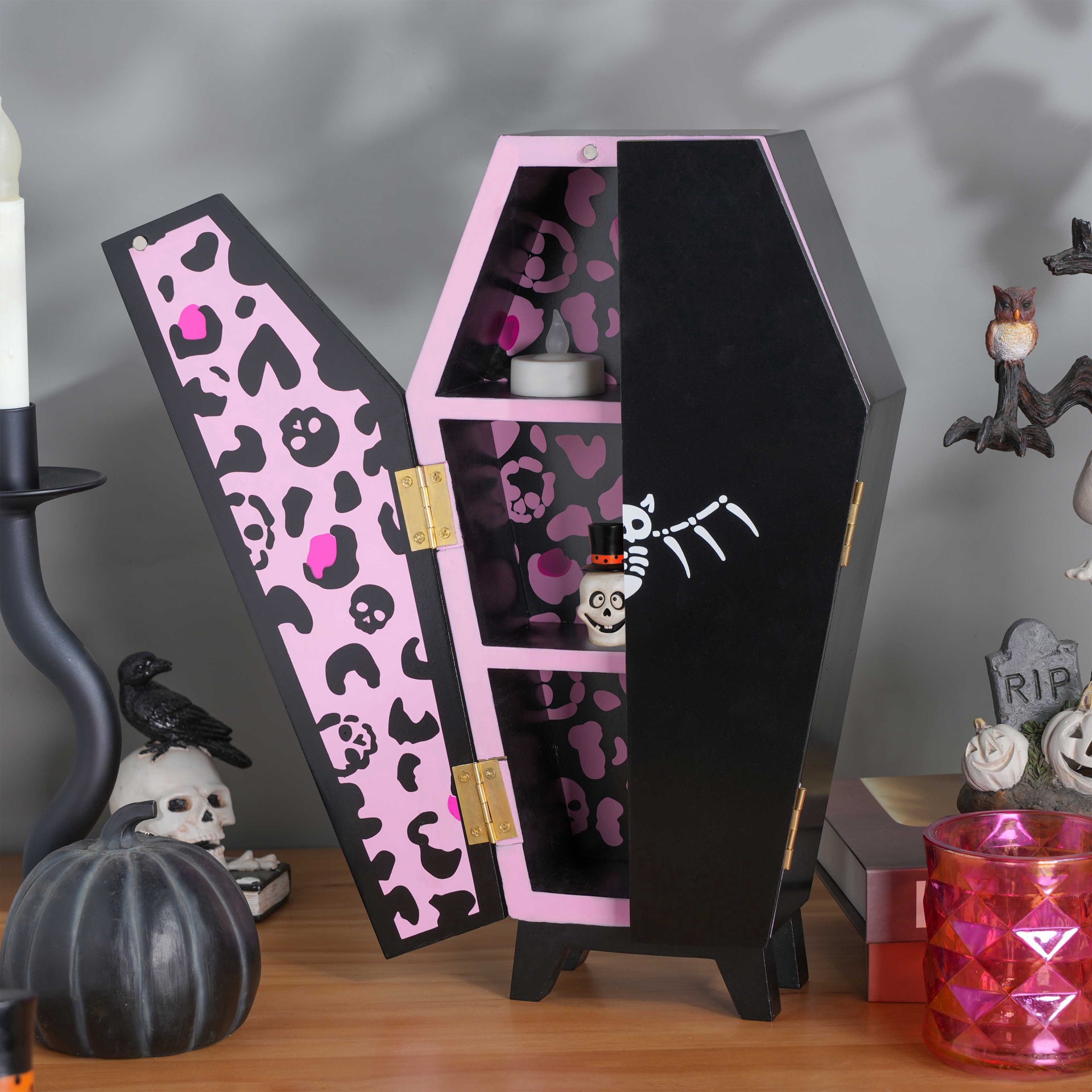slide 2 of 9, 14" Black & Pink Leopard Print Coffin Tabletop Decor By Ashland, 7.75 in x 2.8 in x 14 in