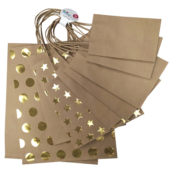 slide 1 of 1, Meijer Everyday Kraft Gift Bags, Assorted Styles, 9 ct