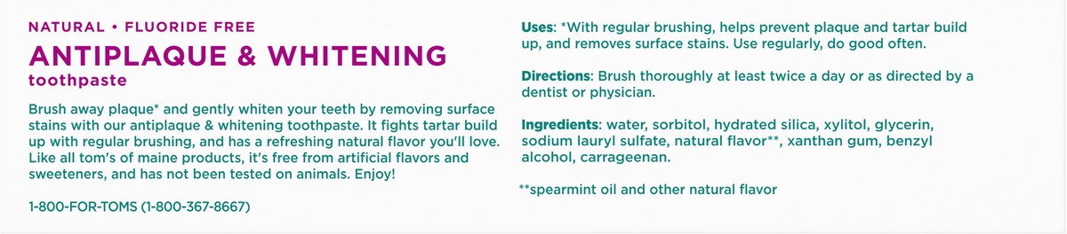 slide 5 of 10, Tom's of Maine Tom’s of Maine Antiplaque and Whitening Toothpaste Gel, Spearmint Toothpaste, 4 oz