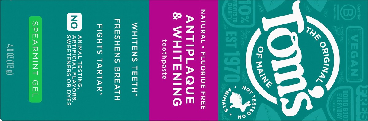 slide 2 of 10, Tom's of Maine Tom’s of Maine Antiplaque and Whitening Toothpaste Gel, Spearmint Toothpaste, 4 oz