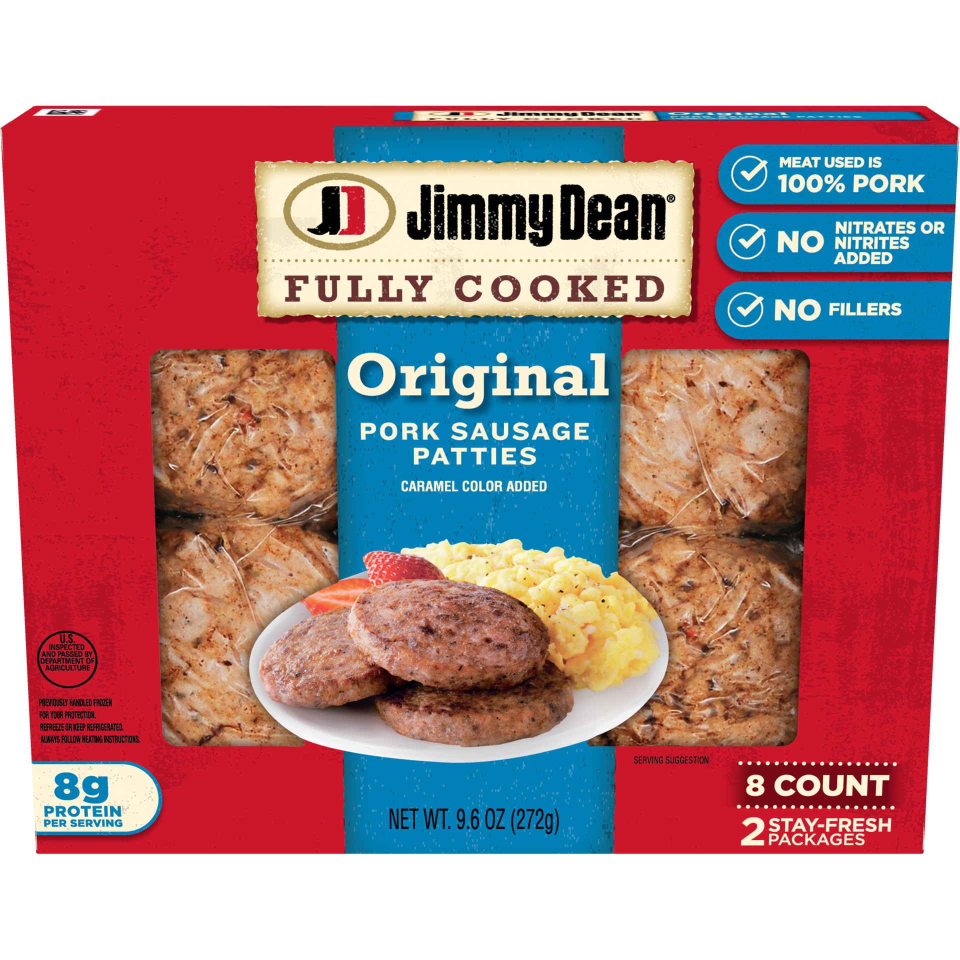 slide 1 of 9, Jimmy Dean Fully Cooked Original Pork Breakfast Sausage Patties, 8 Count, 272.15 g