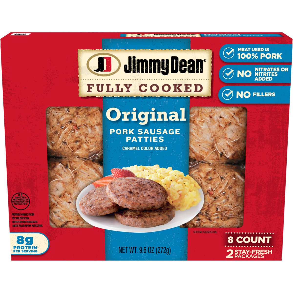 slide 1 of 9, Jimmy Dean Fully Cooked Original Pork Breakfast Sausage Patties, 8 Count, 272.15 g