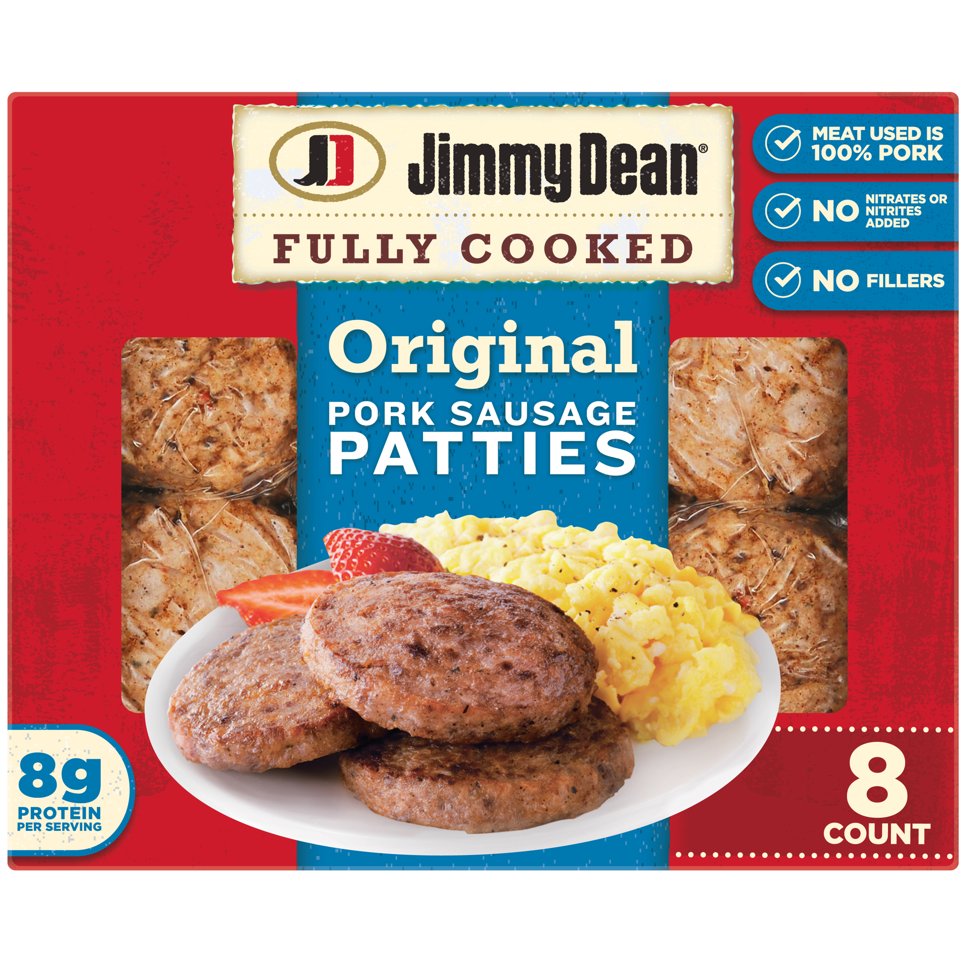 slide 1 of 9, Jimmy Dean Fully Cooked Original Pork Breakfast Sausage Patties, 8 Count, 272.15 g