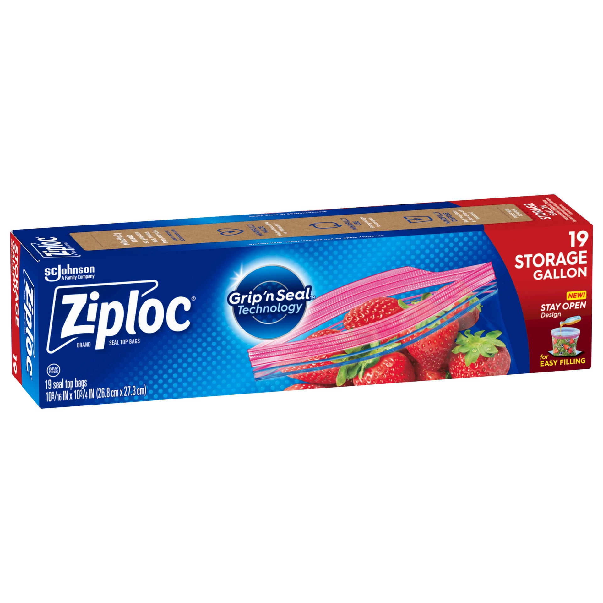 slide 3 of 5, Ziploc Brand Storage Bags with New Stay Open Design, Gallon, 19 Count, Patented Stand-up Bottom, Easy to Fill Food Storage Bags, Unloc a Free Set of Hands in the Kitchen, Microwave Safe, BPA Free, 19 ct