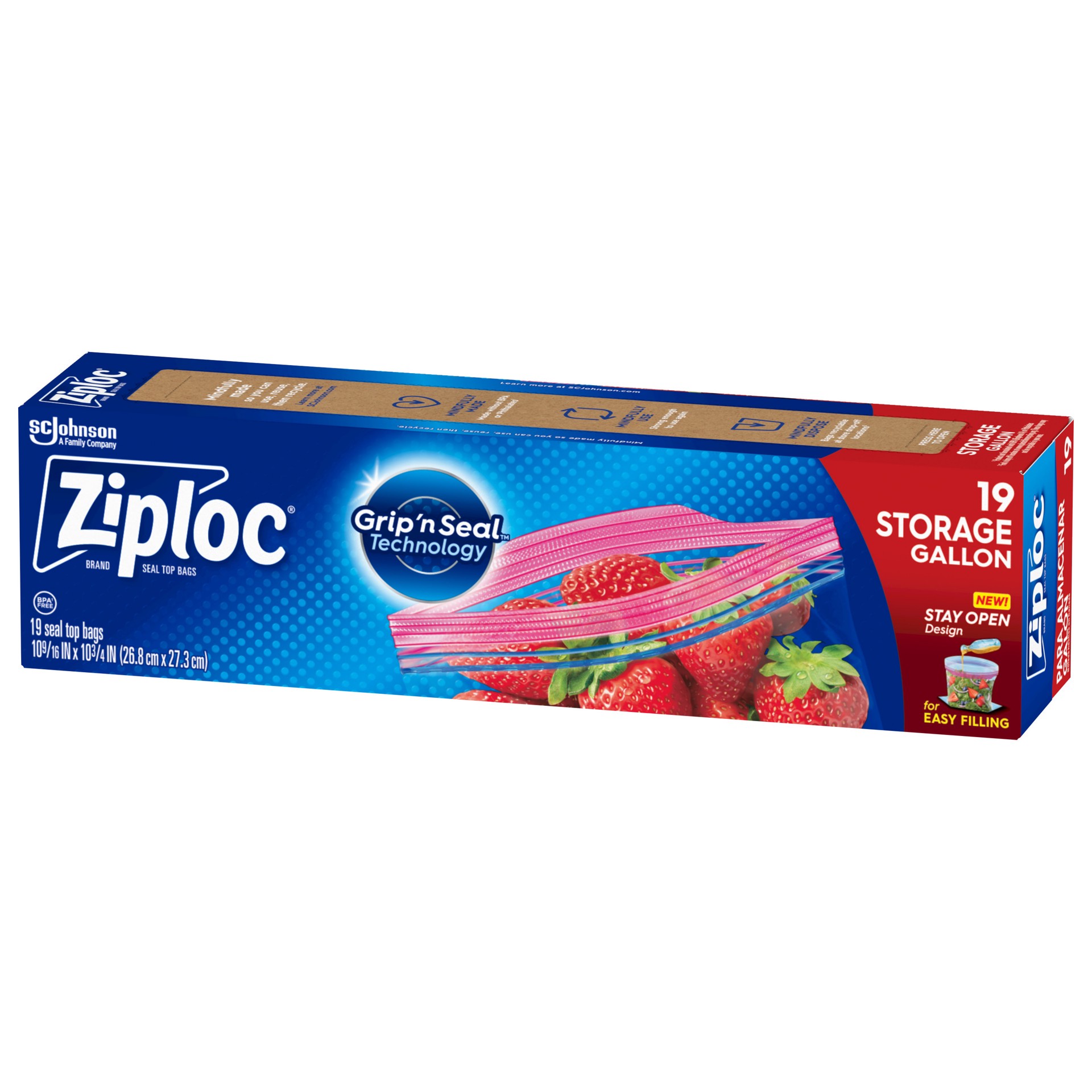slide 2 of 5, Ziploc Brand Storage Bags with New Stay Open Design, Gallon, 19 Count, Patented Stand-up Bottom, Easy to Fill Food Storage Bags, Unloc a Free Set of Hands in the Kitchen, Microwave Safe, BPA Free, 19 ct