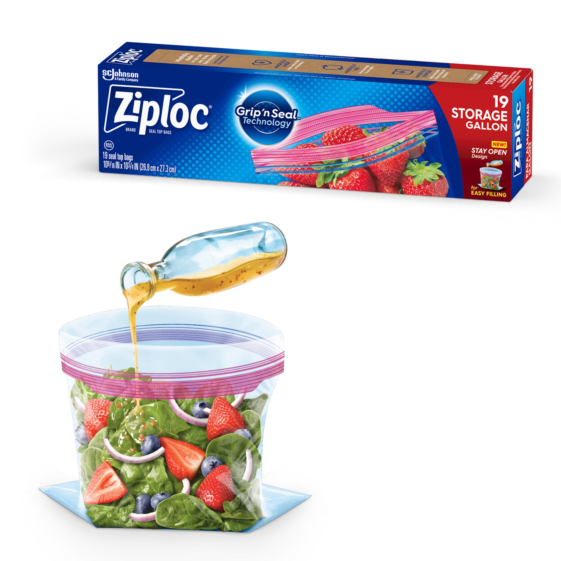 slide 4 of 5, Ziploc Brand Storage Bags with New Stay Open Design, Gallon, 19 Count, Patented Stand-up Bottom, Easy to Fill Food Storage Bags, Unloc a Free Set of Hands in the Kitchen, Microwave Safe, BPA Free, 19 ct