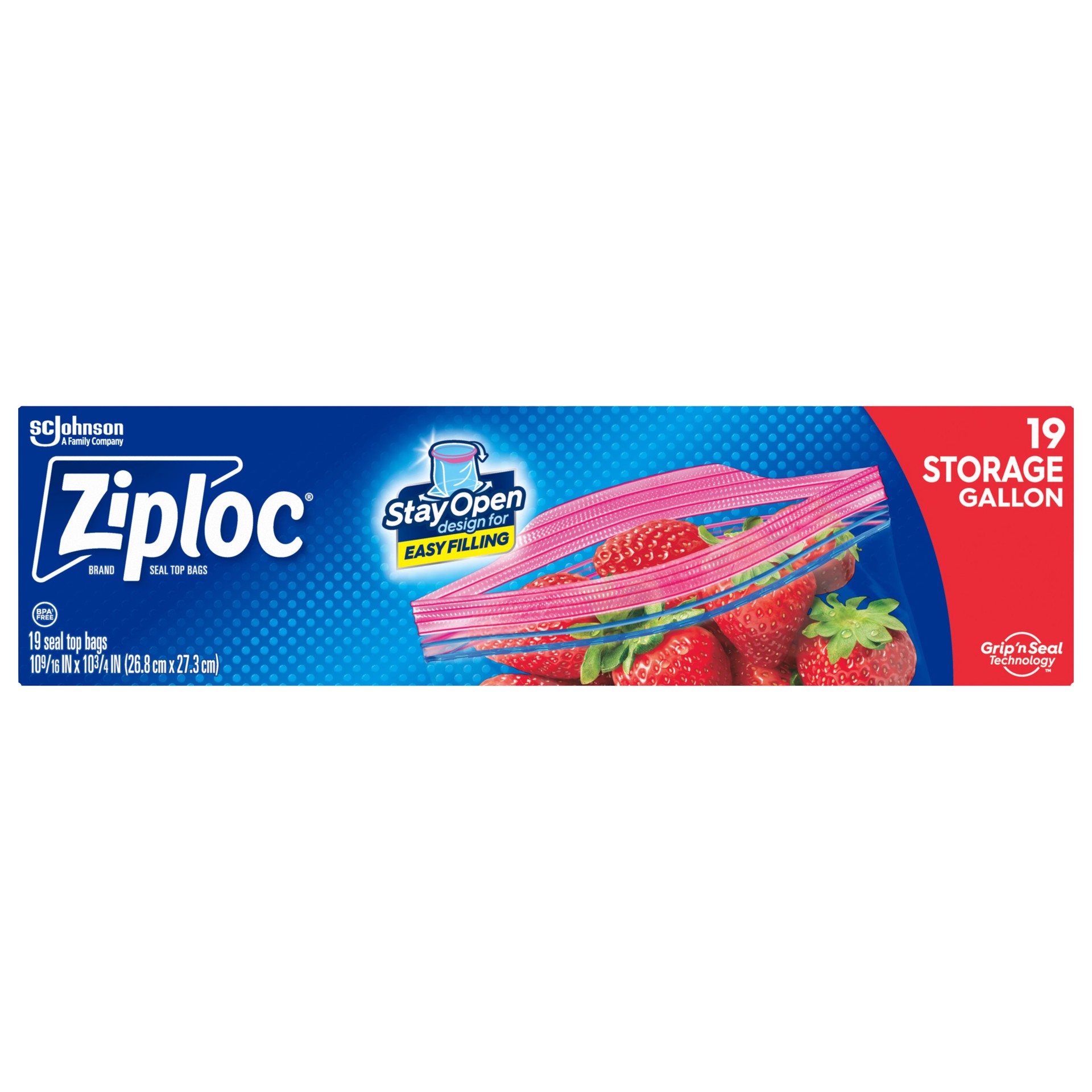 slide 1 of 5, Ziploc Brand Storage Bags with New Stay Open Design, Gallon, 19 Count, Patented Stand-up Bottom, Easy to Fill Food Storage Bags, Unloc a Free Set of Hands in the Kitchen, Microwave Safe, BPA Free, 19 ct