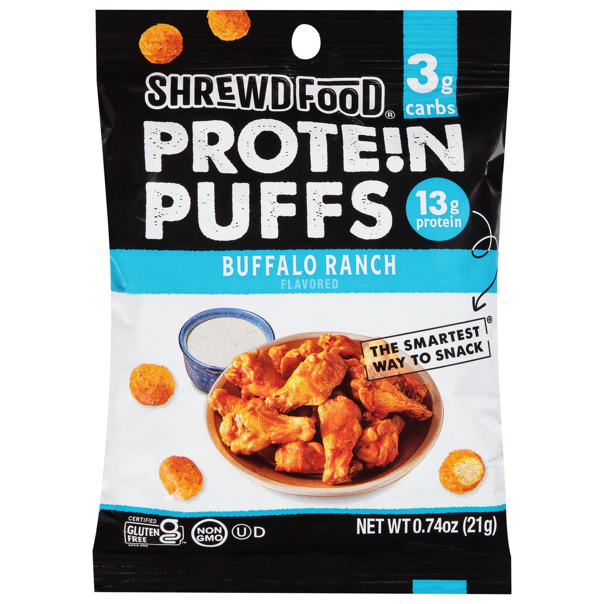 slide 10 of 13, Shrewd Food Shrewd Buffalo Ranch Protein Puffs, 0.74 oz