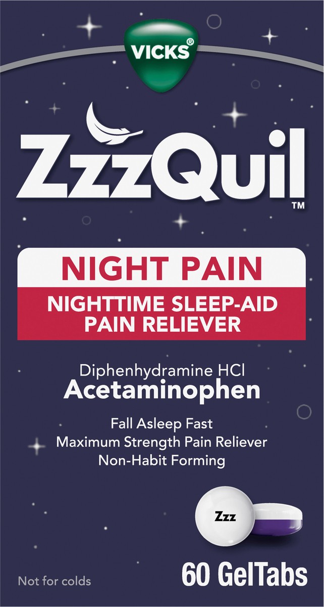 slide 2 of 2, Vicks ZzzQuil Night Pain GelTabs, Nighttime Pain Relief, Sleep Aid Tablets, Diphenhydramine HCl and Acetaminophen, No.1 Sleep Aid Brand, Max Strength Pain Reliever, 60 GelTabs, 60 ct