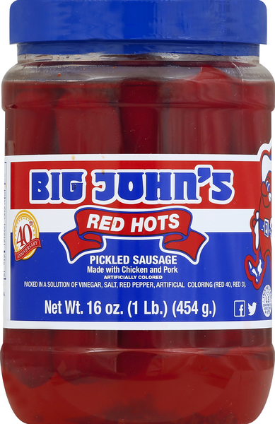 slide 1 of 1, Big John's Red Hots Pickled Sausage, 16 oz