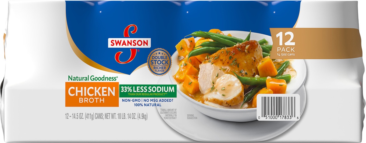 slide 9 of 11, Swanson All Natural 33% Less Sodium Chicken Broth, 12 ct; 14.5 oz