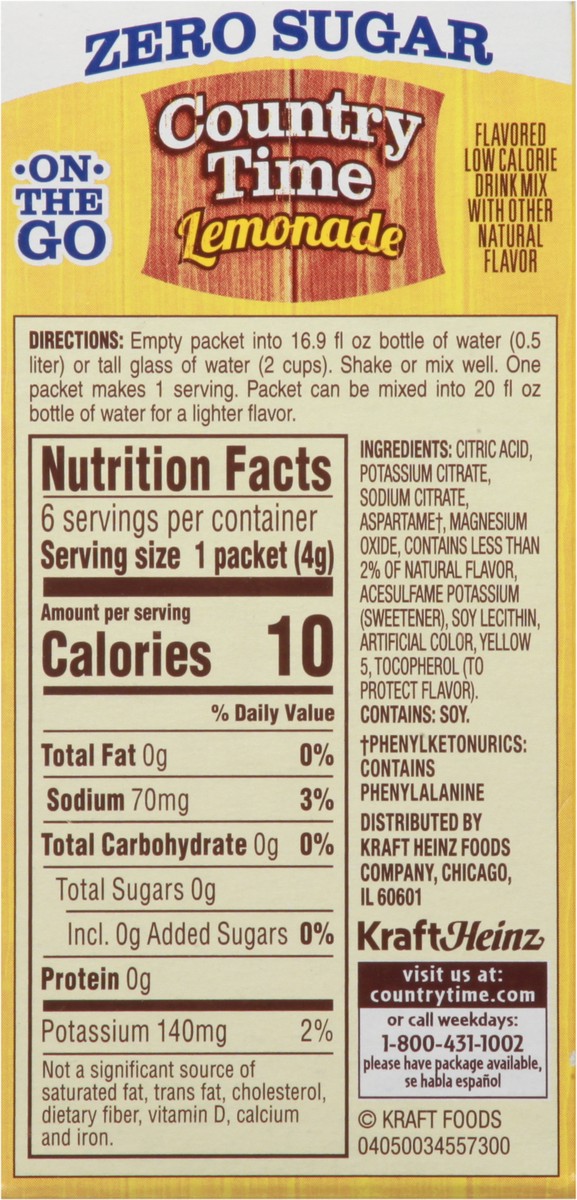 slide 7 of 9, Country Time On-The-Go Powdered Drink Mix, Zero Sugar Lemonade, 6 ct - Packets, 0.83 oz
