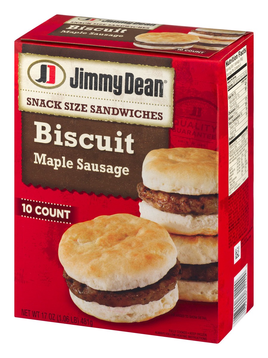 slide 3 of 9, Jimmy Dean Snack Size Biscuit Breakfast Sandwiches with Maple Sausage, Frozen, 10 Count, 481.94 g