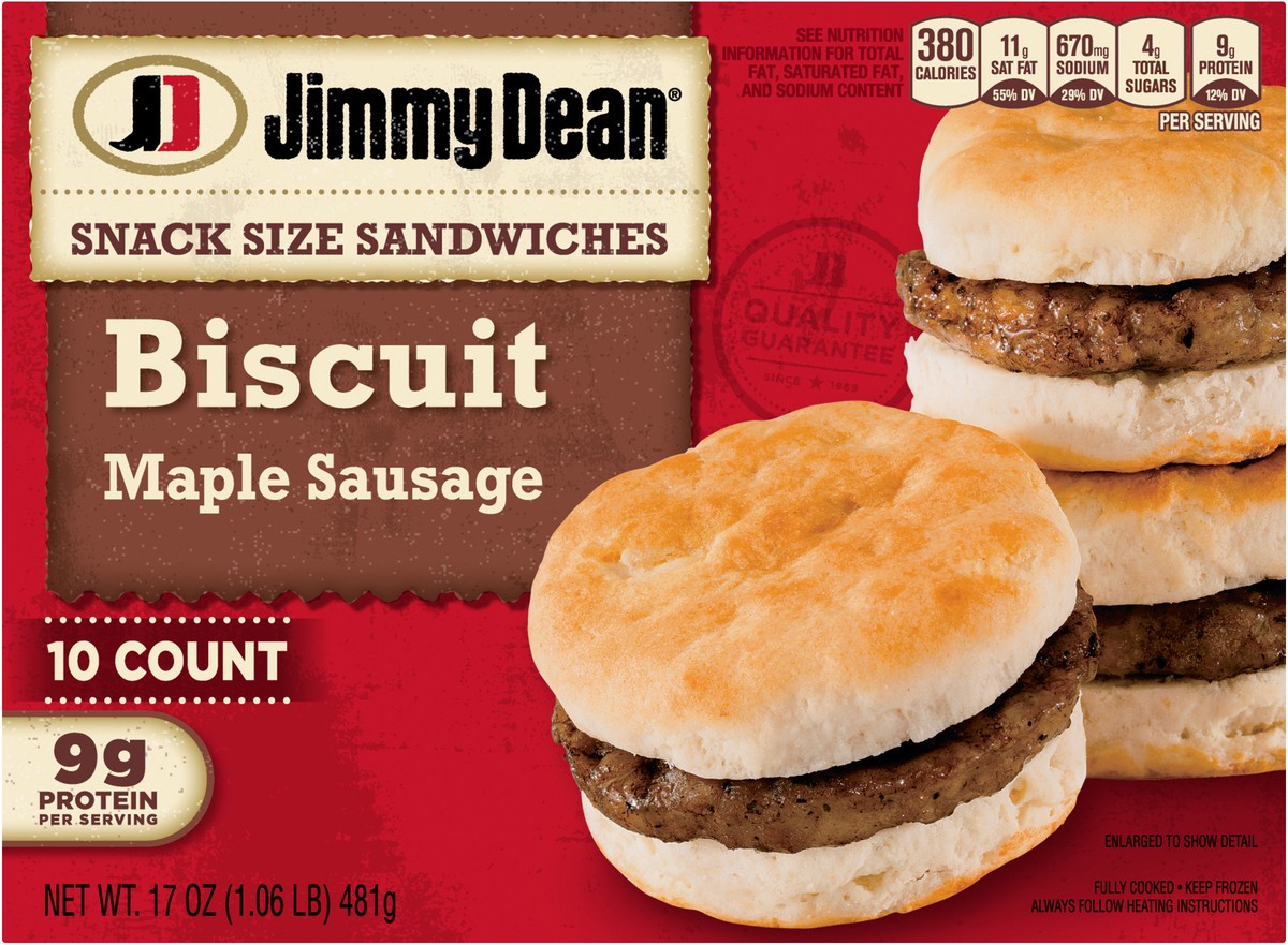 slide 5 of 9, Jimmy Dean Snack Size Biscuit Breakfast Sandwiches with Maple Sausage, Frozen, 10 Count, 481.94 g