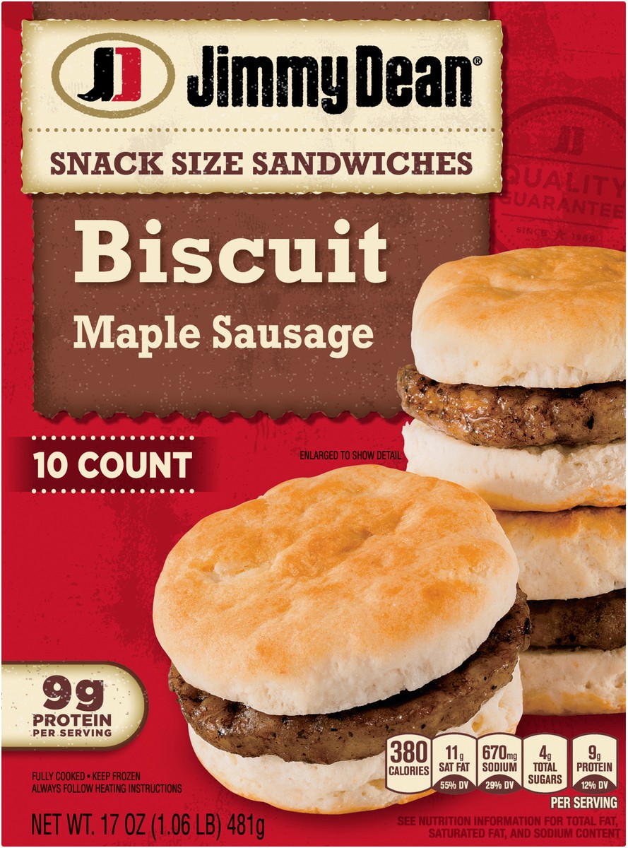 slide 6 of 9, Jimmy Dean Snack Size Biscuit Breakfast Sandwiches with Maple Sausage, Frozen, 10 Count, 481.94 g