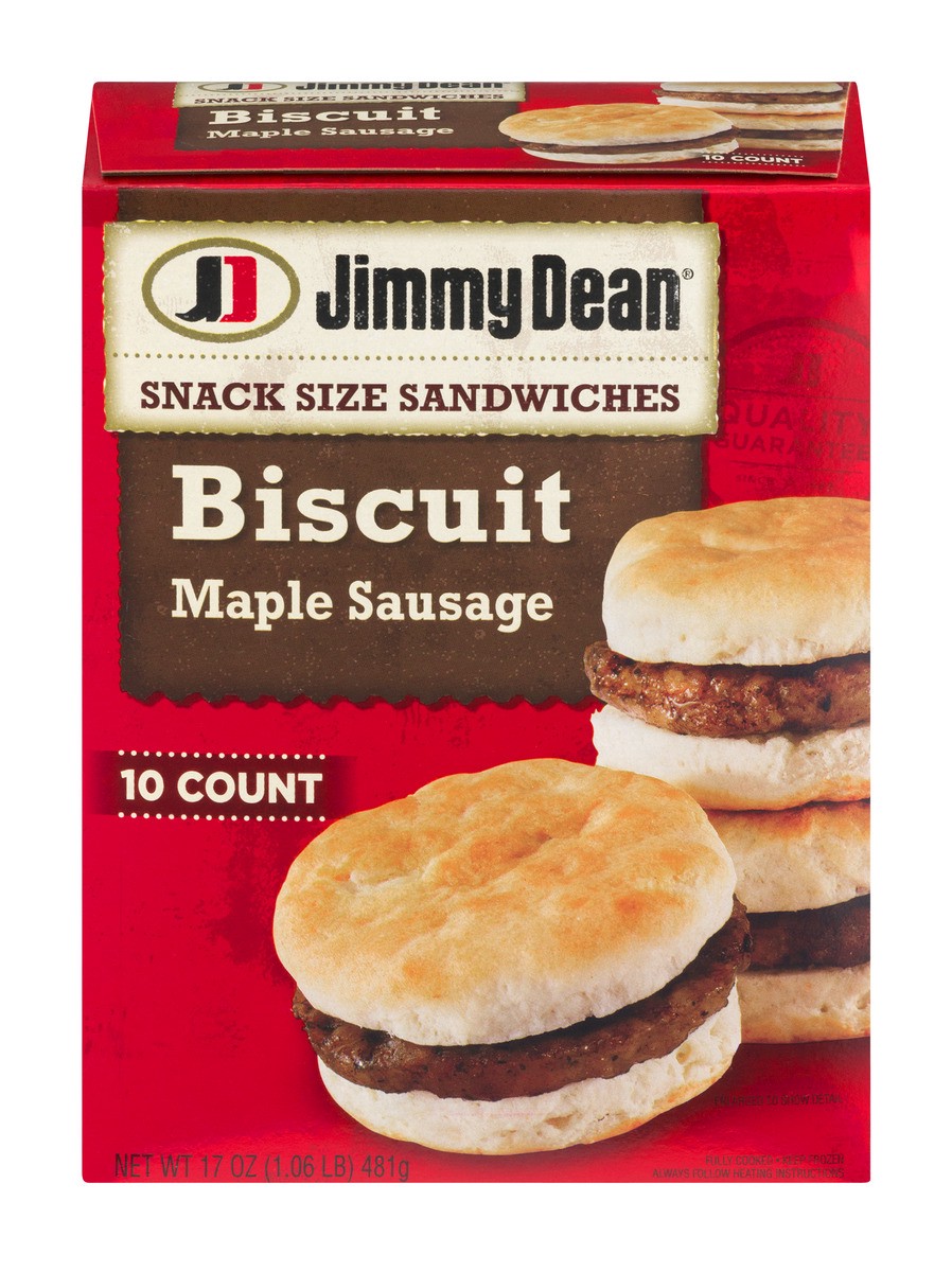 slide 1 of 9, Jimmy Dean Snack Size Biscuit Breakfast Sandwiches with Maple Sausage, Frozen, 10 Count, 481.94 g