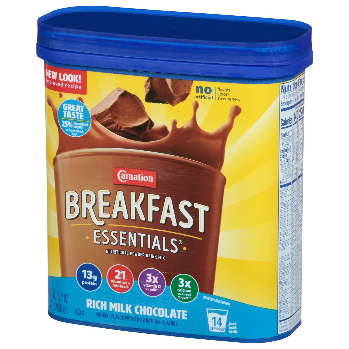 slide 3 of 9, Carnation Breakfast Essentials Nutritional Powder Drink Mix, Rich Milk Chocolate, 13 g Protein, 1 - 17.7 oz Canister, 17.7 oz