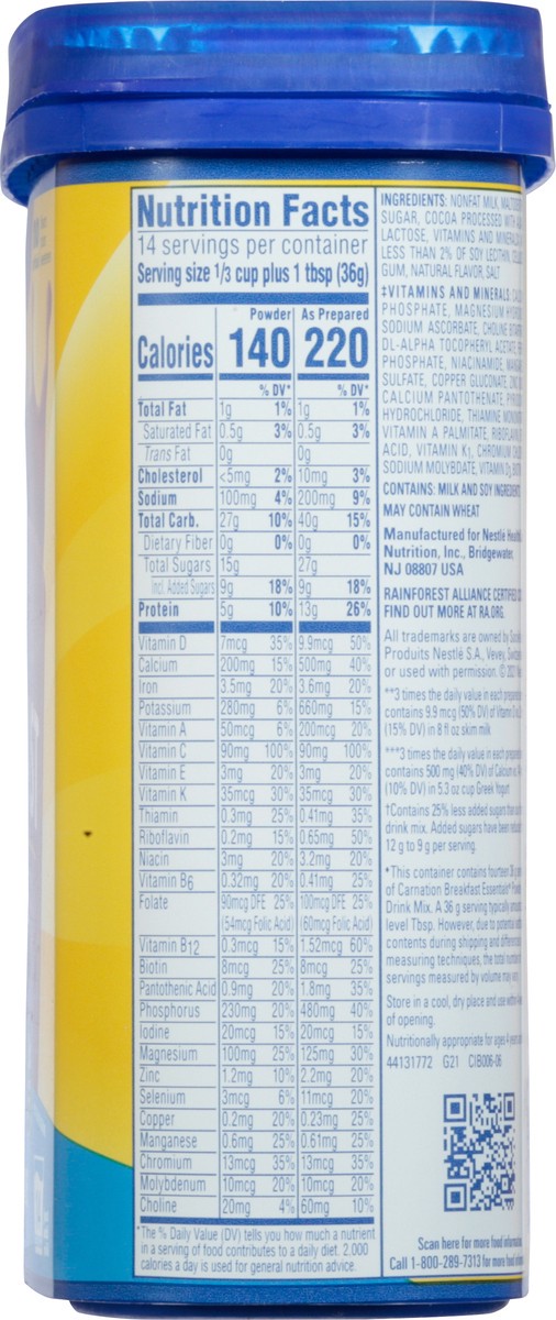 slide 8 of 9, Carnation Breakfast Essentials Nutritional Powder Drink Mix, Rich Milk Chocolate, 13 g Protein, 1 - 17.7 oz Canister, 17.7 oz