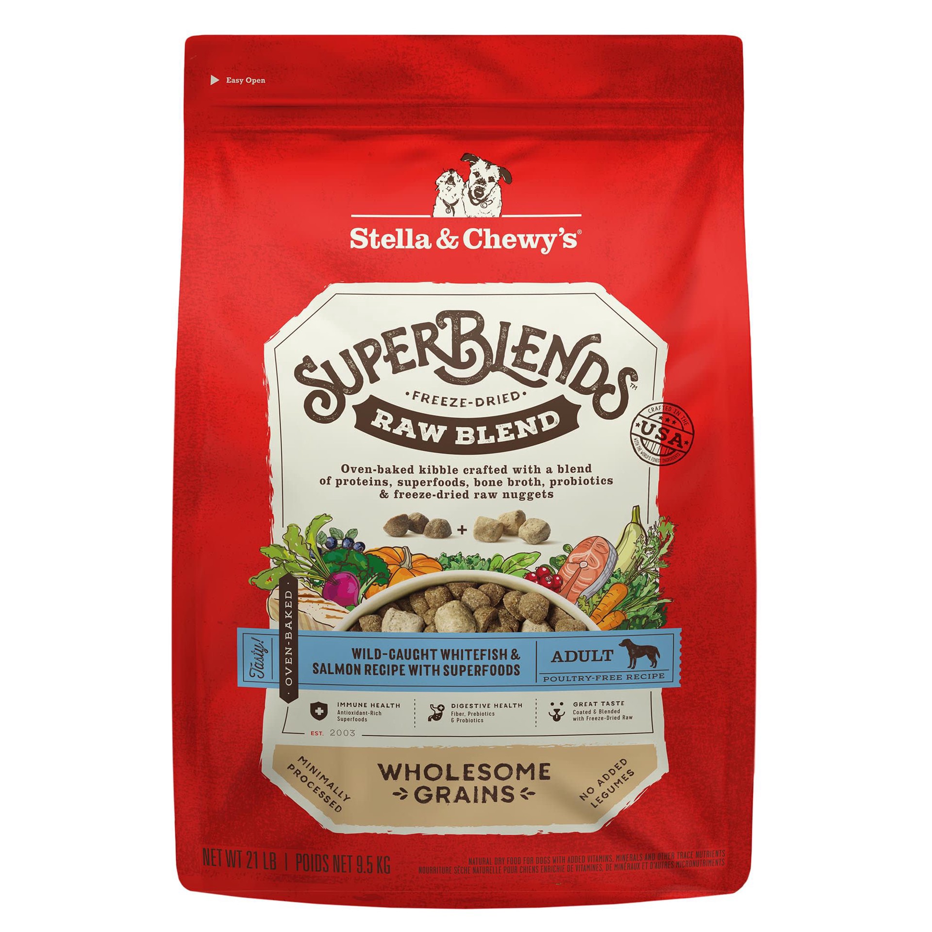 slide 1 of 1, Stella & Chewy's SuperBlends Raw Blend Wholesome Grains Wild-Caught Whitefish & Salmon Recipe with Superfoods Dry Dog Food, 1 ct