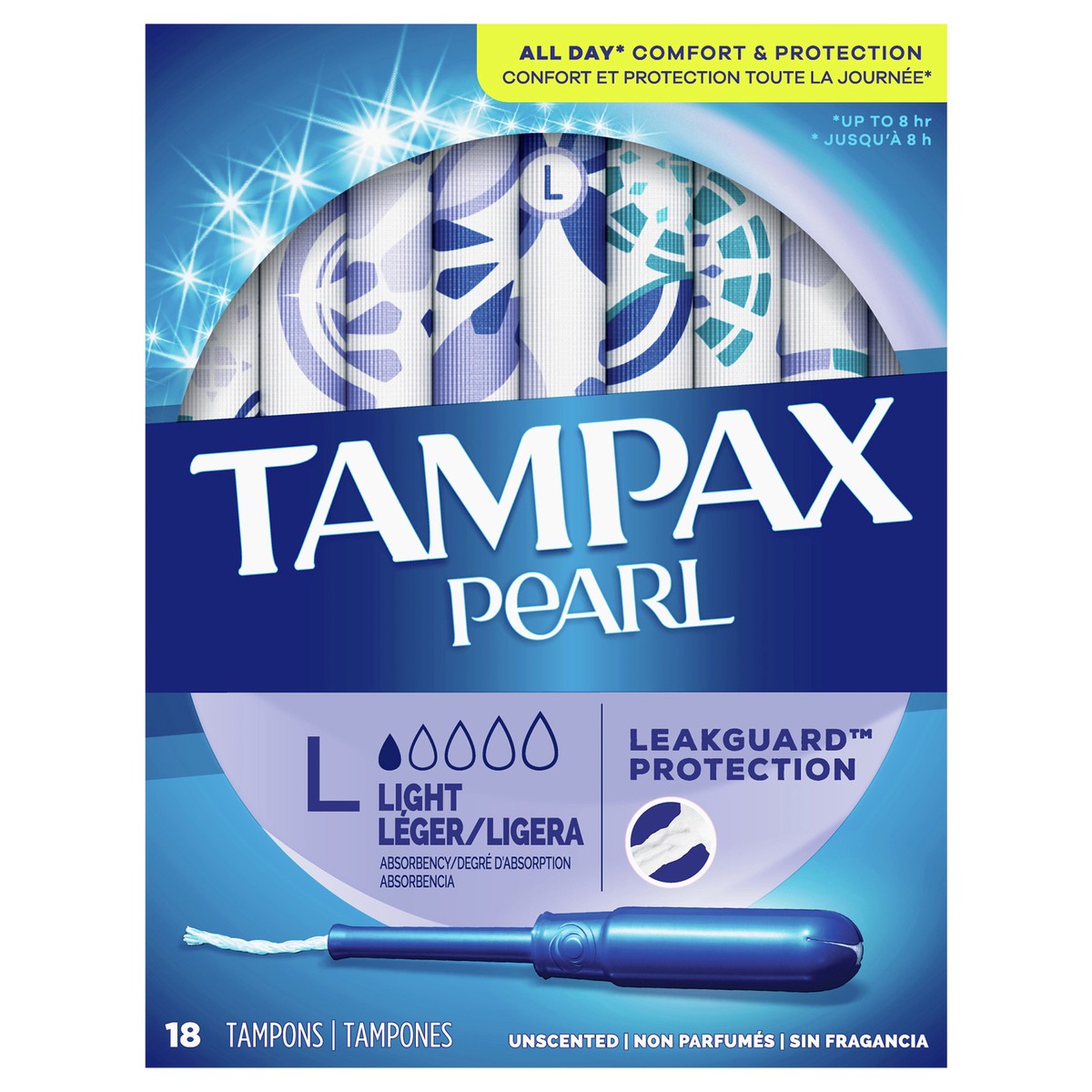 slide 3 of 9, Tampax Pearl Tampons Light Absorbency with BPA-Free Plastic Applicator and LeakGuard Braid, Unscented, 18 Count, 18 ct